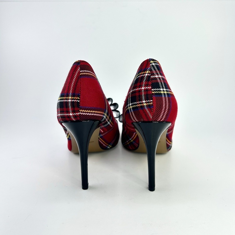 Betsey Johnson Bret Pumps 7 Red Tartan Plaid Black Bow Stiletto Cocktail Heels - Picture 8 of 12